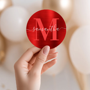 Namnteckning Monogram Red Foil Runt Klistermärke