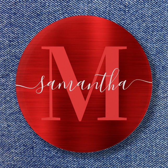 Namnteckning Monogram Red Shimmer Foil Knapp (Signature Monogram Red Shimmer Foil Button)