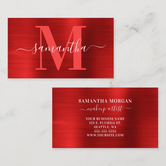 Namnteckning Monogram Red Shimmer Foil Visitkort (Fram/baksida)