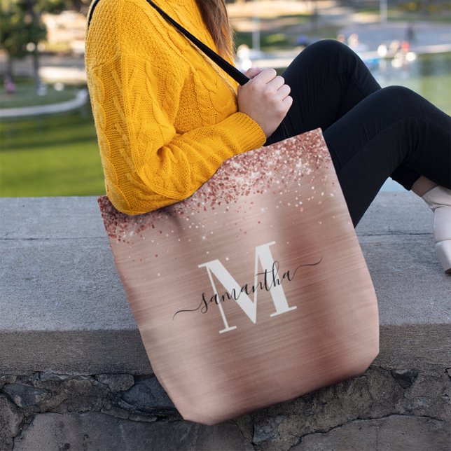 Namnteckning monogram Ro Guld Glittery Foil Tygkasse (Rose Gold Glittery Foil Monogram Tote Bag)