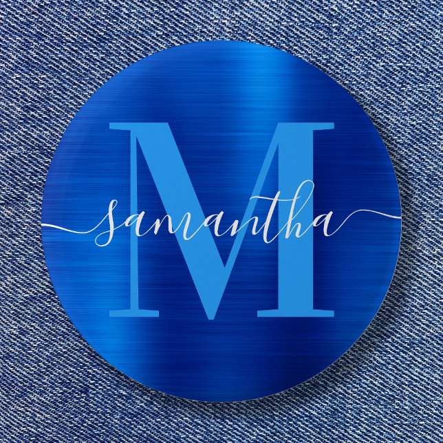 Namnteckning Monogram Royal Blue Foil Knapp (Signature Monogram Royal Blue Foil Button)