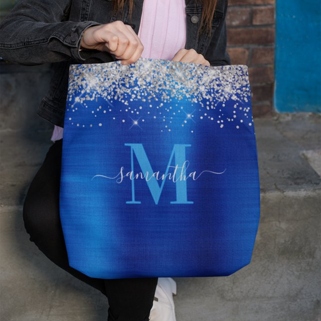 Namnteckning Monogram Silver Glitter Royal Blue Fo Tygkasse (Silver Glitter Royal Blue Foil Signature Monogram Tote Bag)