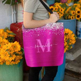 Namnteckning Monogram Silver Glitter Shock rosa Fo Tygkasse