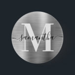 Namnteckning Monogram Silver Shimmer Foil Knapp<br><div class="desc">Skapa egna knappar för giftig personlig namn och monogrammet. Silver färgad digital konst faux foil grafik. Monogram för svart och vit contemporary med elegant namnteckning stil kalligrafi.</div>