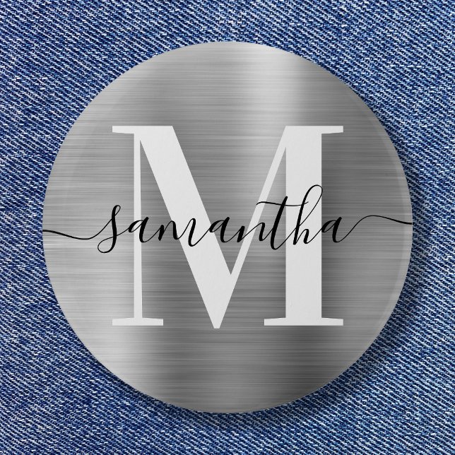 Namnteckning Monogram Silver Shimmer Foil Knapp (Signature Monogram Silver Shimmer Foil Button)