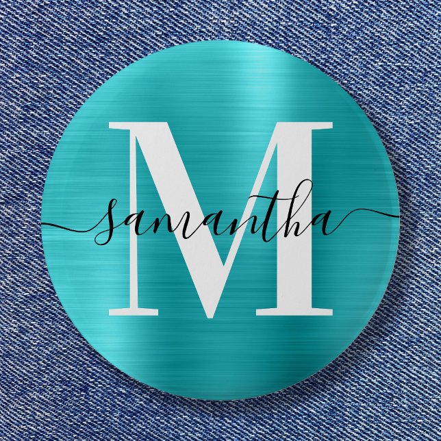 Namnteckning Monogram turkos Blue Shimmer Foil Knapp (Signature Monogram Turquoise Blue Shimmer Foil Button)