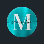 Namnteckning Monogram turkos Blue Shimmer Foil Knapp<br><div class="desc">Skapa egna knappar för giftig personlig namn och monogrammet. Vattenblått färgad digitalt konst faux foil grafik Monogram för svart och vit contemporary med elegant namnteckning stil kalligrafi.</div>
