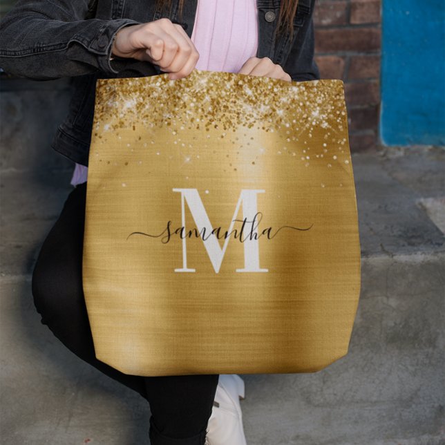 Namnteckning monogrammat guldgolv tygkasse (Signature Monogrammed Glittery Gold Foil Tote Bag)