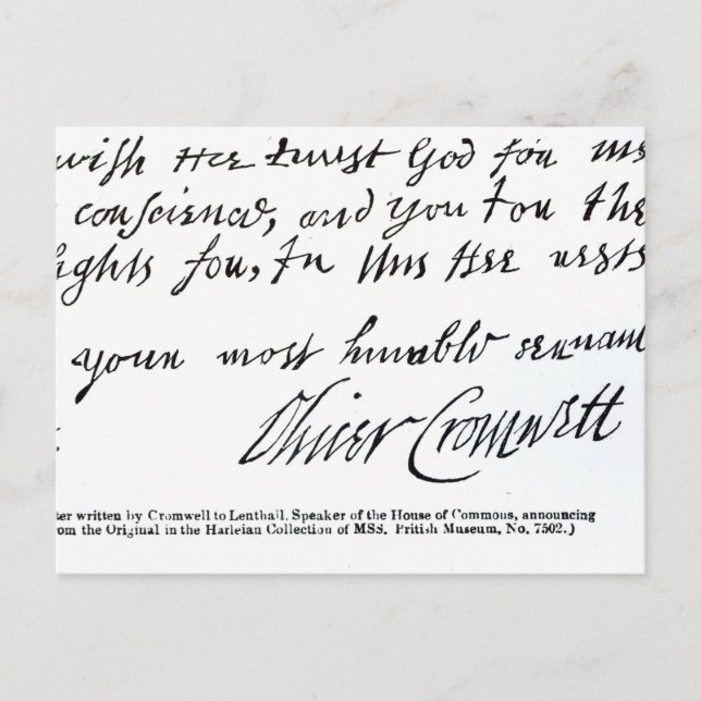 Namnteckning Oliver Cromwell, från handskriven Vykort (Framsida)