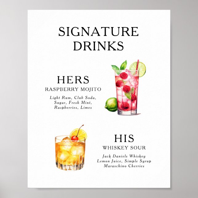 Namnteckning Poster Drinks Bröllop Cocktail-meny (Framsidan)