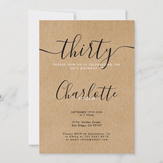 Namnteckning Rustic Kraft 30års födelsedag Inbjudningar (Framsida)