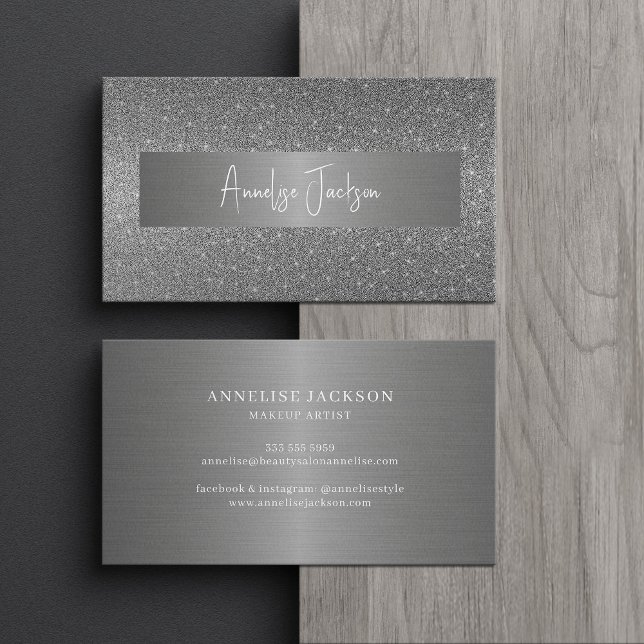 Namnteckning skript, modern glam silver glitter visitkort (Skapare uppladdad)