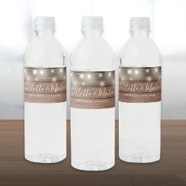 Namnteckning skript Rustic Wood String Ljus Bröllo Vattenflaskor Etikett