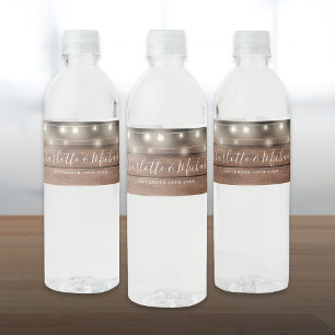 Namnteckning skript Rustic Wood String Ljus Bröllo Vattenflaskor Etikett