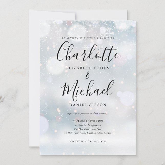 Namnteckning Snöflingor Winter Wedding Inbjudningar (Framsida)