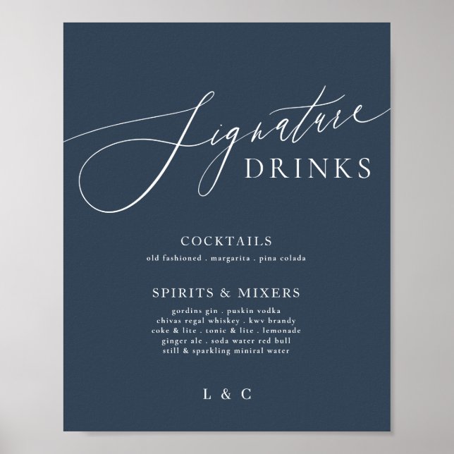 Namnteckning spritdrycker i marinblått Elegant brö Poster (Framsidan)