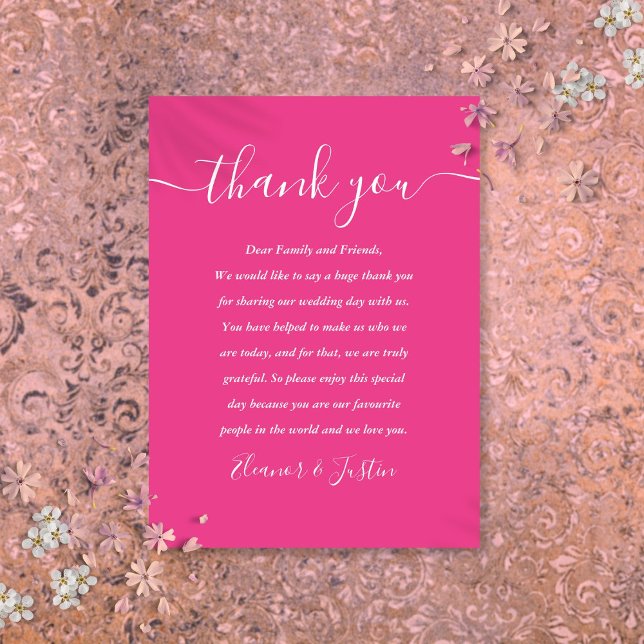 Namnteckning Tacken Bröllop Shock rosa Placeringskort (Signature Script Wedding Hot Pink Thank You Place Card)