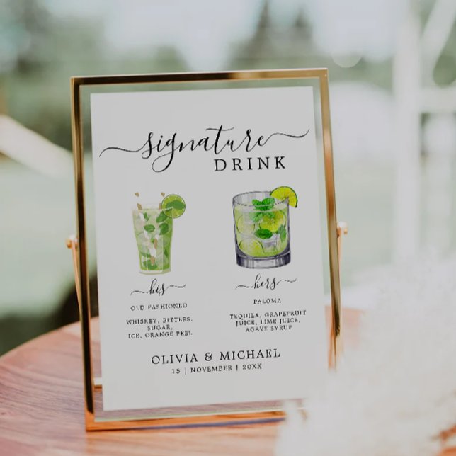 Namnteckning teckenmall för Drinks, Namnteckning C Inbjudningar (Signature Drinks Sign Template, Signature Cocktail Invitation)