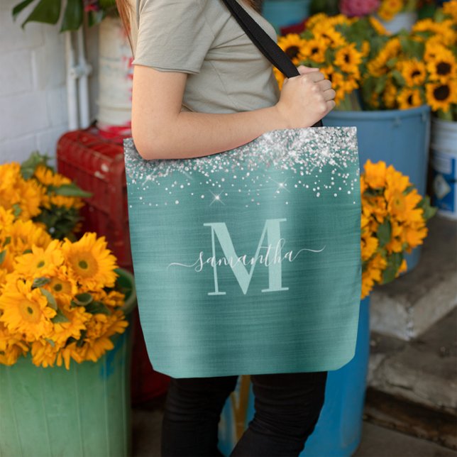 Namnteckning vattenfiskolja i Monogram Silver Glit Tygkasse (Signature Monogram Silver Glitter Aqua Teal Foil Tote Bag)
