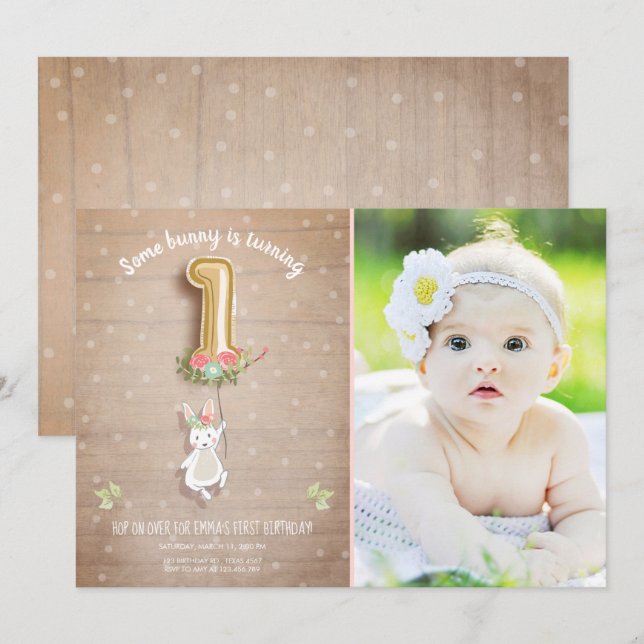 Nån Bunny Birthday-inbjudan Flicka First Rosa Inbjudningar (Fram/baksida)