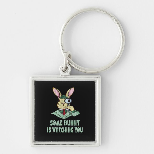 Nån Bunny tittar på dig Påskhare Fyrkantig Silverfärgad Nyckelring (Framsidan)