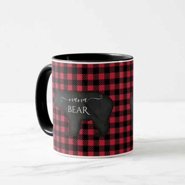Nana Bear Black n Red Rustic Buffalo-kontrollpapp Mugg (Framsida vänster)