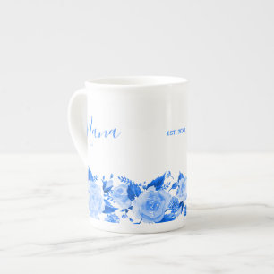 Nana China Blue Watercolor, Blommigt Benporslin Mugg