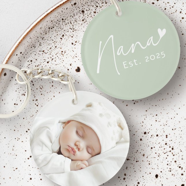 Nana Est-års handskrivet skript, hjärtfoto av grön (Nana Est year handwritten script green heart photo Keychain)