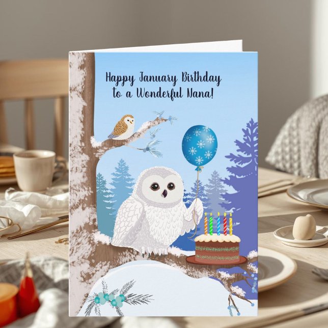 Nana Happy January Birthday Snowy Owl Kort (Skapare uppladdad)