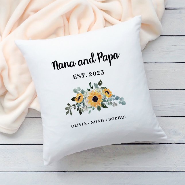 Nana och Pappa | Rustic Solros och Namn Kudde (A simple, elegant pillow keepsake for your Nana and Papa)