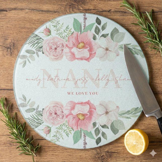 Nana Personlig Blommigt Clearboard (Show your Nana how much you love her with this beautiful personalized floral cutting board! )