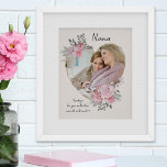 Nana Rosa Blommigt Hjärtformade Photo Guld Ram Poster<br><div class="desc">Anpassningsbar Photo poster som du kan anpassa för vem som helst och lägga till ett favorittalesätt eller ord från hjärtat. Ditt foto är inställt på ett geometriskt hjärtformade guld ram. Äppelstenen ram har en vattenfärgad bukett av rosa blommor. Det är skrivet med texten "Nana ... tack för din ändlösa värme...</div>