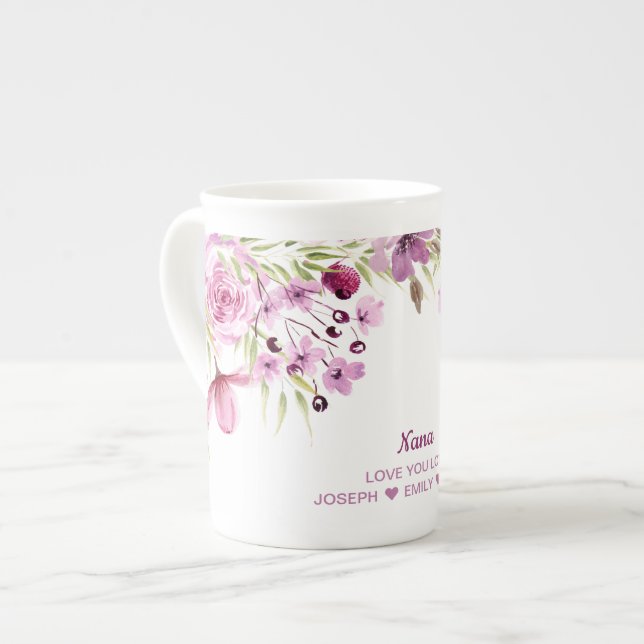 Nana rosa och lila blommig benporslin mugg (Framsida vänster)