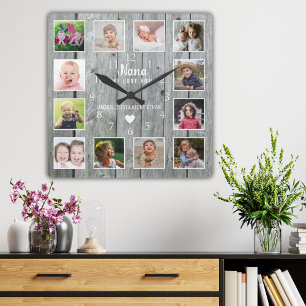 Nana We Kärlek You 12 Photo Collage Grått Wood Fyrkantig Klocka