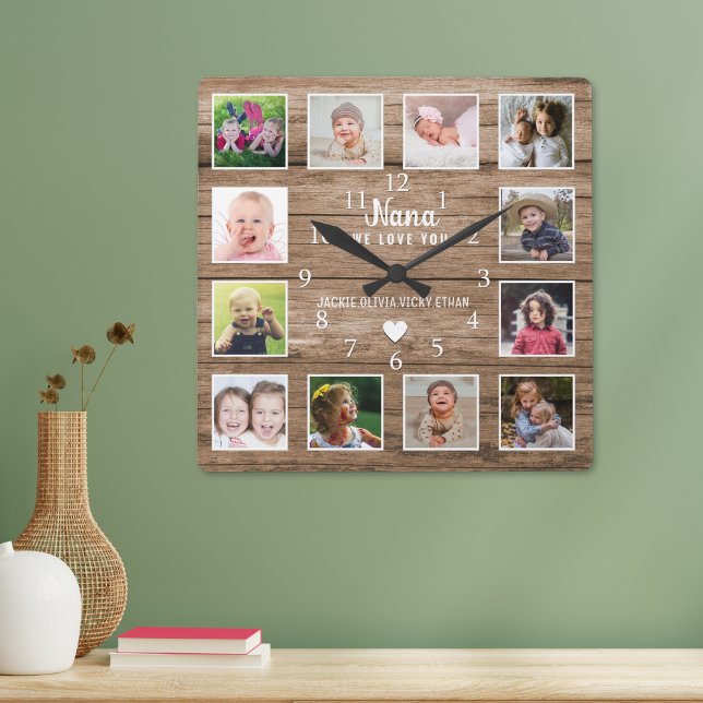 Nana We Kärlek You 12 Photo Collage Rustic Wood Fyrkantig Klocka (Skapare uppladdad)