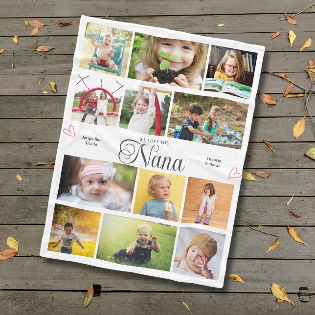 Nana We Kärlek You Personlig Hearts Fleecefilt (Nana custom fleece blanket with photos and text personalization.)