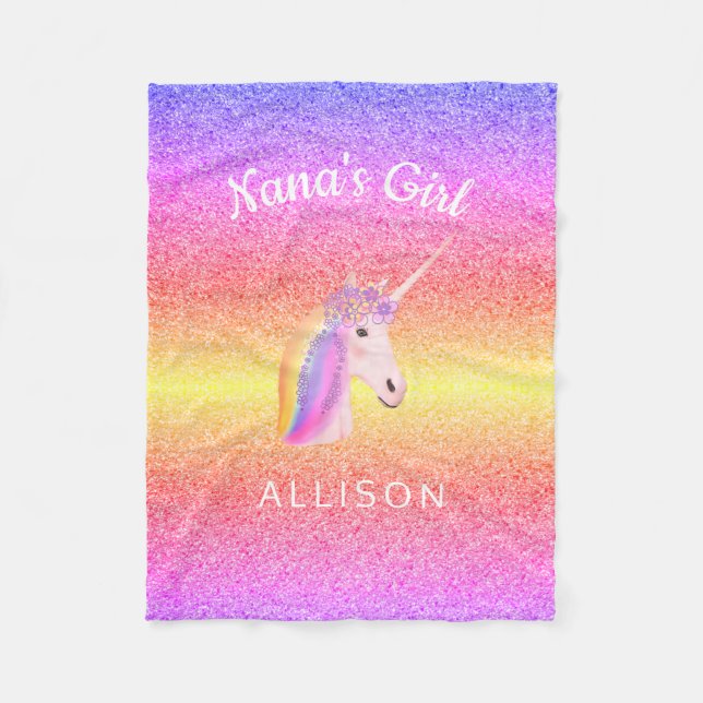 Nanas Girl Unicorn Rainbow Glitter Personlig  Fleecefilt (Framsidan)