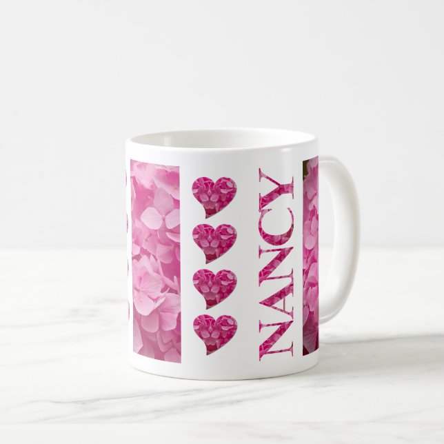 "Nancy" Rosa Hydrangea Blommigt Lettering & Hearts Kaffemugg (Framsida höger)