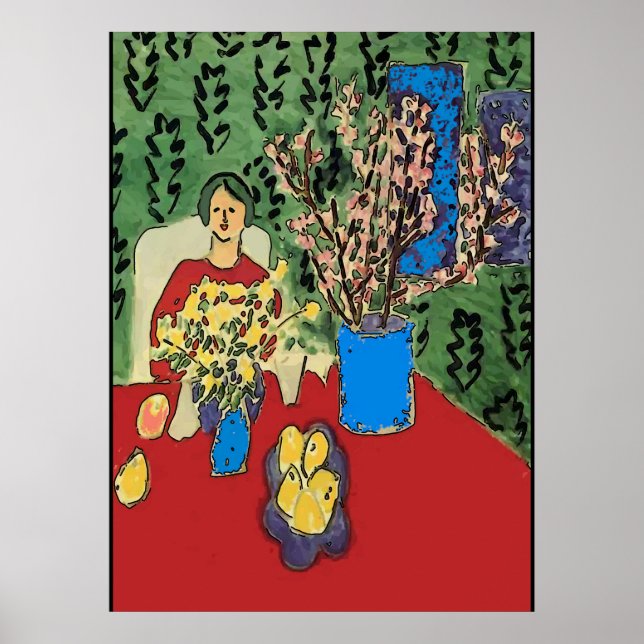 Nancy vid Bord med Flowersl, Matisse Stil Poster (Framsidan)