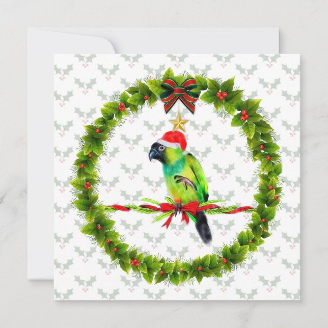 Nanday Conure Santa med Holly Löv och Wandeans Julkort (Framsida)