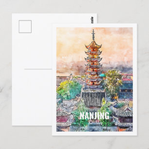 Nanjing China Berömd Travel Watercolor Sketch Vykort