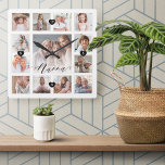Nanna Script-familjens minne Photo Grid Collage Fyrkantig Klocka<br><div class="desc">En vacker personlig till din Nanna som hon kommer att vårda i åratal till kom. Innehåller en modern 13-grafisk rutnätslayout till visning 13 av dina egna speciella fotominnen i familjen. "Nanna" designad i ett vackert handskrivet svart skript stil. Varje foto ramas med en enkel ram i guld-färgaden. Enkla svarta hjärtan...</div>