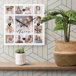 Nanna Script-familjens minne Photo Grid Collage Fyrkantig Klocka