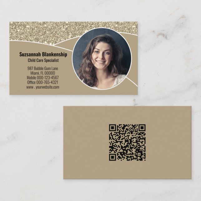 Nanny Anpassningsbar Photo Faux Guld Glitter QR-ko Visitkort (Fram/baksida)