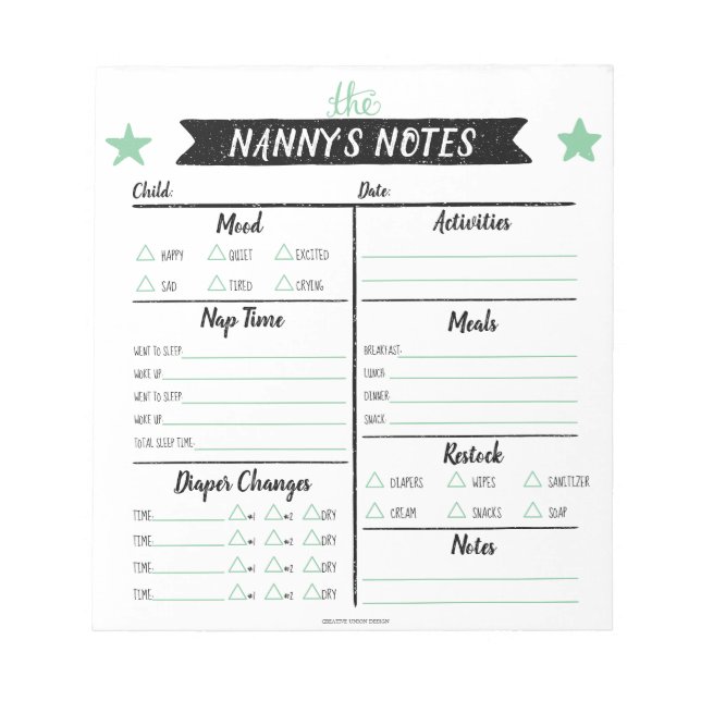 Nanny's Notes Babywatch Notes Daycare Lakan Anteckningsblock (Framsida)