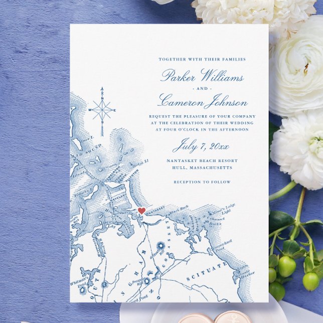 Nantasket Beach Resort Karta Elegant Navy Bröllop Inbjudningar (Nantasket Beach Resort Hull MA Wedding Invitation with elegant navy blue South Shore map)
