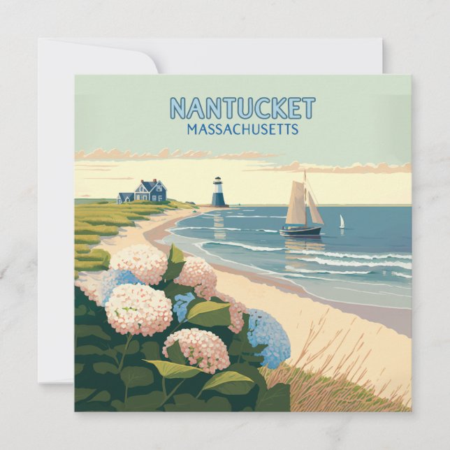 Nantucket Beach Hydrangeas Lighthouse Boat Retro (Framsida)