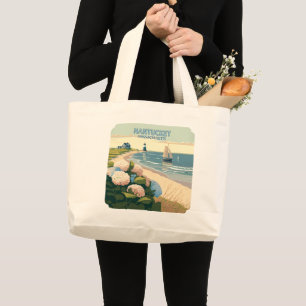 Nantucket Beach Hydrangeas Lighthouse Boat Retro Jumbo Tygkasse