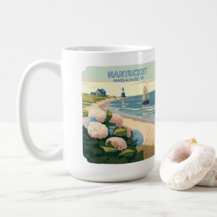 Nantucket Beach Hydrangeas Lighthouse Boat Retro Kaffemugg