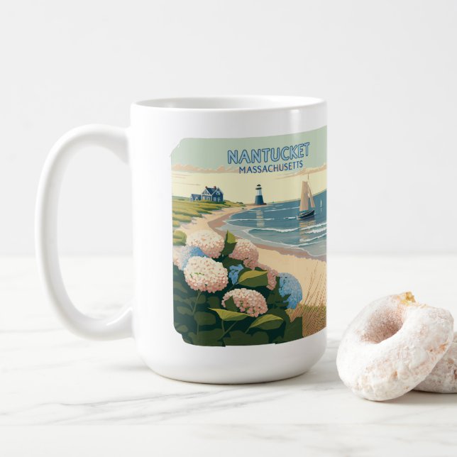 Nantucket Beach Hydrangeas Lighthouse Boat Retro Kaffemugg (Med munk)
